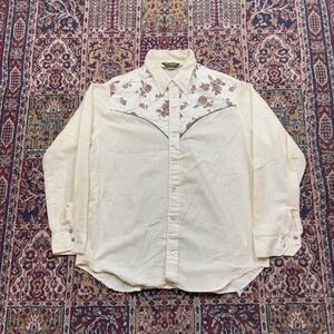 VTG 60s 70s John Blair XL Cream Linen Blend Western Shirt Stripe Floral Yoke USA